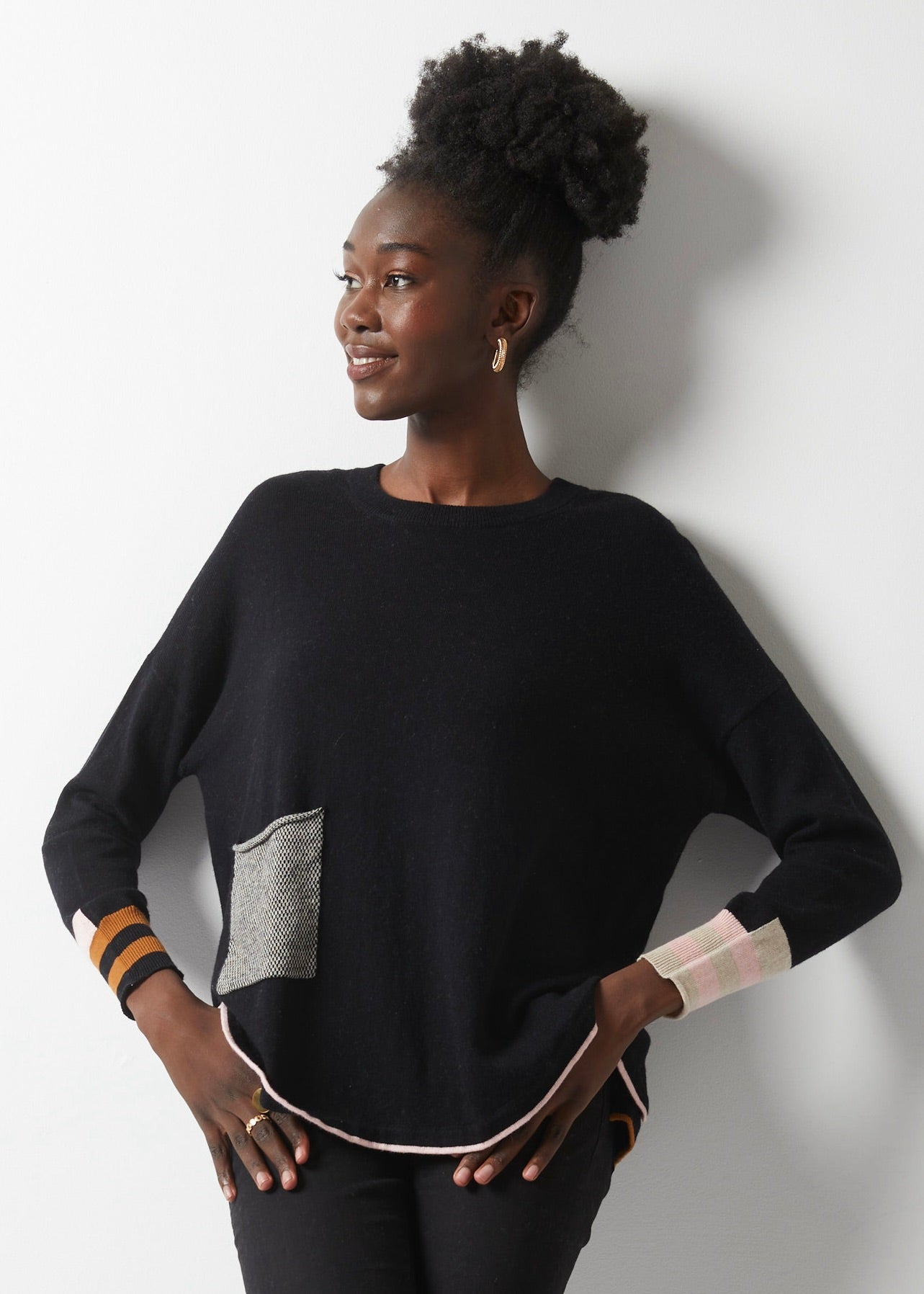 Birdseye Trim Sweater- BLACK